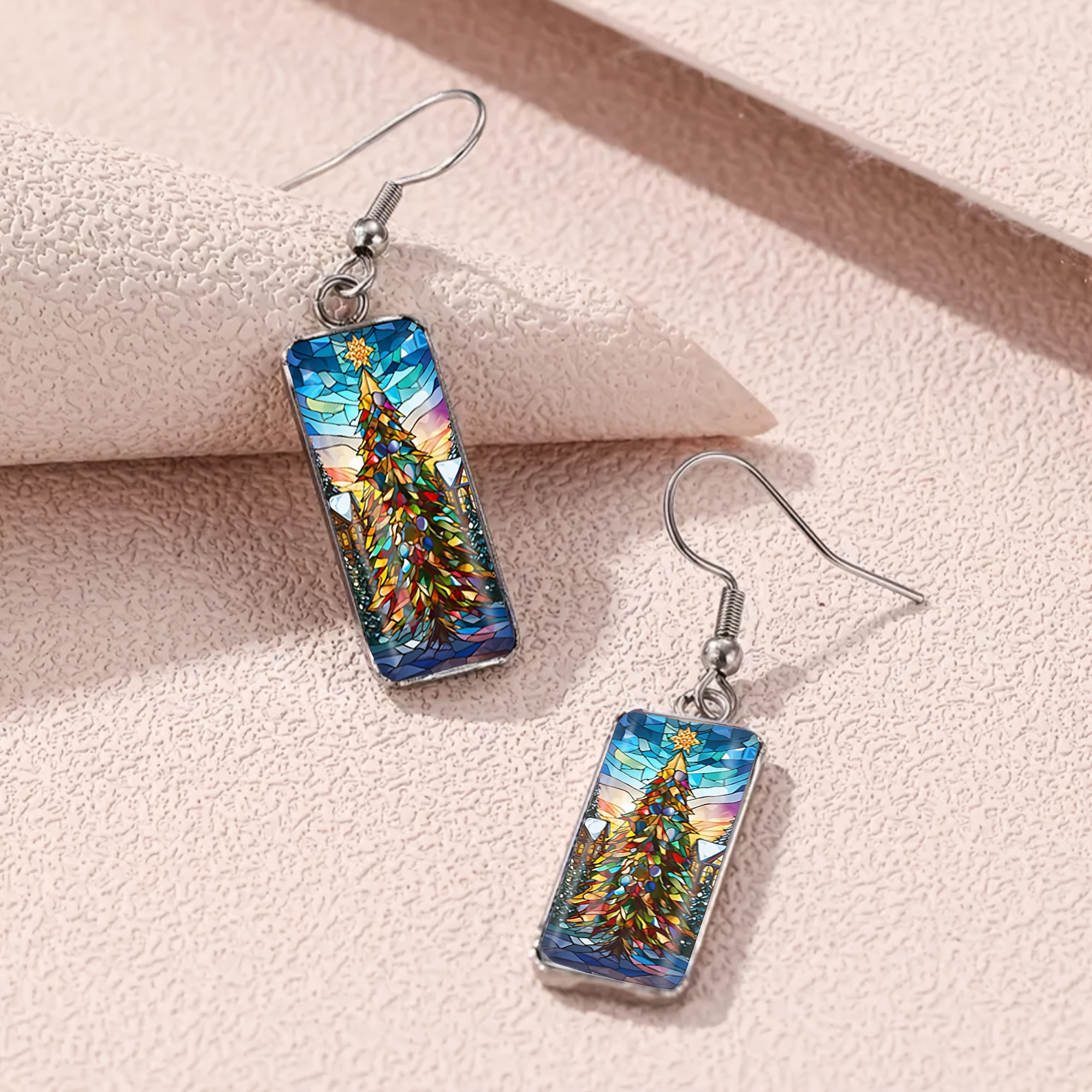 Fanny Stained-glass Window Christmas Tree Pattern Drop Earrings